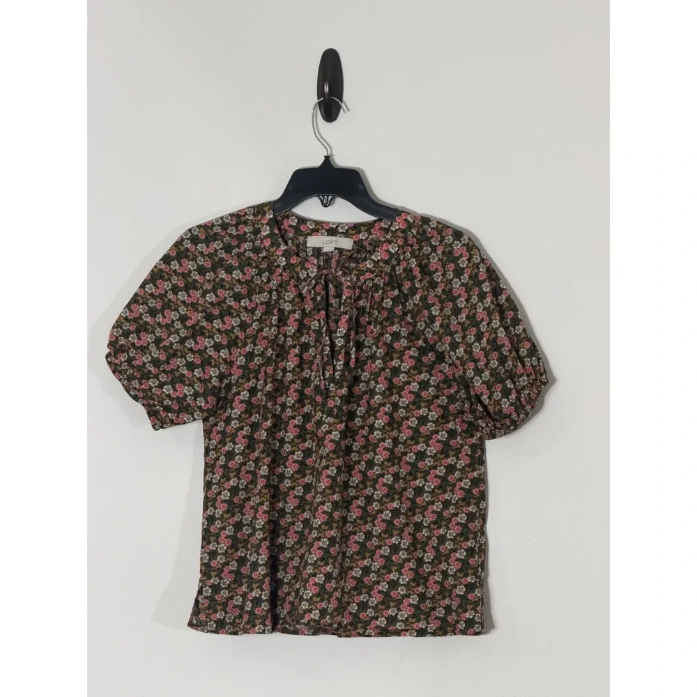 LOFT Womens Floral Tie Neck Puff Sleeve Blouse Olive Green Pink Small